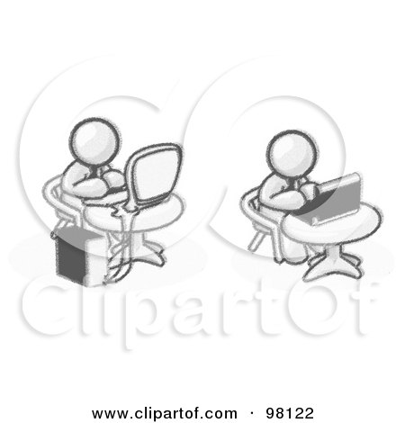 Royalty-Free (RF) Clipart Illustration of Sketched Design Mascots Working On Computers In An Office by Leo Blanchette