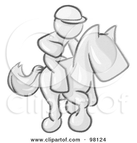Royalty-Free (RF) Clipart Illustration of a Sketched Design Mascot Man, A Jockey, Riding On A Race Horse And Racing In A Derby by Leo Blanchette