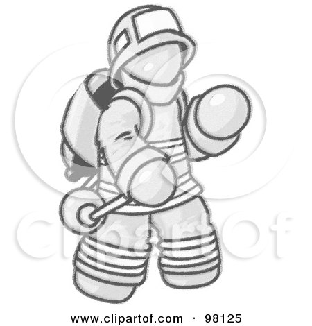 Royalty-Free (RF) Clipart Illustration of a Sketched Design Mascot Man In A Yellow Fire Fighter Uniform, Going To Fight A Fire by Leo Blanchette
