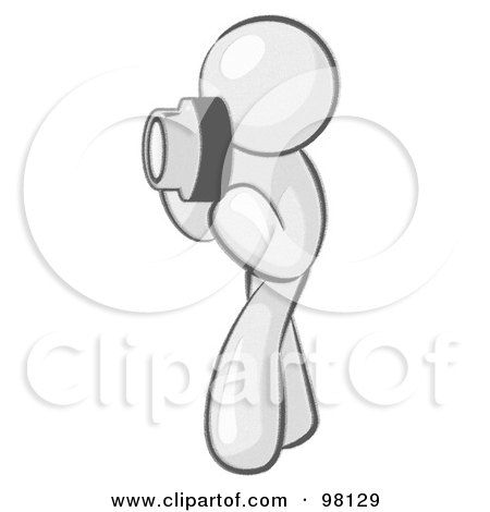 Royalty-Free (RF) Clipart Illustration of a Sketched Design Mascot Man Character Tourist Or Photographer Taking Pictures With A Camera by Leo Blanchette