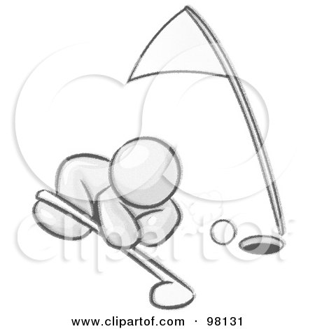 Royalty-Free (RF) Clipart Illustration of a Sketched Design Mascot Man Down On The Ground, Trying To Blow A Golf Ball Into The Hole by Leo Blanchette