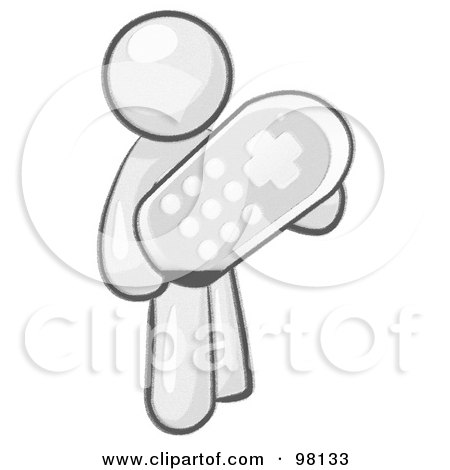 Royalty-Free (RF) Clipart Illustration of a Sketched Design Mascot Man Holding A Remote Control To A Television by Leo Blanchette