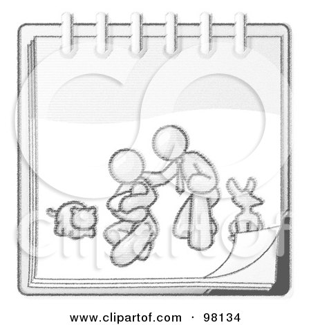 Royalty-Free (RF) Clipart Illustration of a Sketched Design Mascot Family Showing A Man Kneeling Beside His Wife And Newborn Baby With Their Dog And Cat On A Notebook by Leo Blanchette