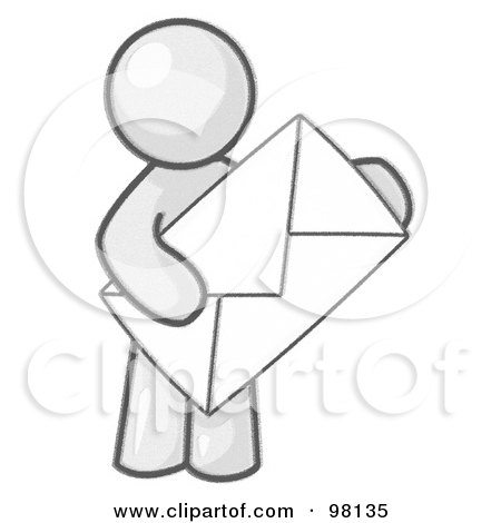 Royalty-Free (RF) Clipart Illustration of a Sketched Design Mascot Standing And Holding A Large Envelope by Leo Blanchette