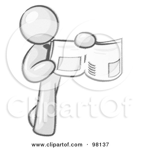 Royalty-Free (RF) Clipart Illustration of a Sketched Design Mascot Man Holding Up A Newspaper And Pointing To An Article by Leo Blanchette