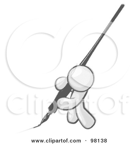Royalty-Free (RF) Clipart Illustration of a Sketched Design Mascot Man Drawing A Line With A Large Black Calligraphy Ink Pen by Leo Blanchette