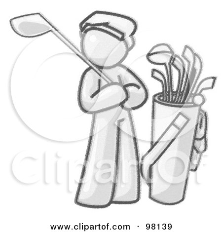 Royalty-Free (RF) Clipart Illustration of a Sketched Design Mascot Man Golfing And Standing By His Golf Clubs by Leo Blanchette