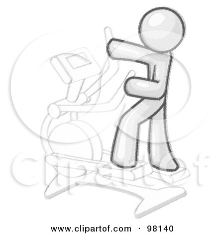 Royalty-Free (RF) Clipart Illustration of a Sketched Design Mascot Man Exercising On An Elliptical Trainer by Leo Blanchette