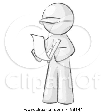 Royalty-Free (RF) Clipart Illustration of a Sketched Design Mascot Man Draftsman Reviewing Plans by Leo Blanchette