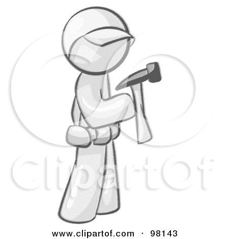 Royalty-Free (RF) Clipart Illustration of a Sketched Design Mascot Man Contractor Hammering by Leo Blanchette