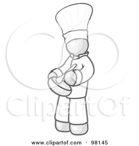 Royalty-Free (RF) Clipart Illustration of a Sketched Design Mascot Baker Chef Cook Stirring Ingredients In A Bowl While Cooking In A Kitchen by Leo Blanchette