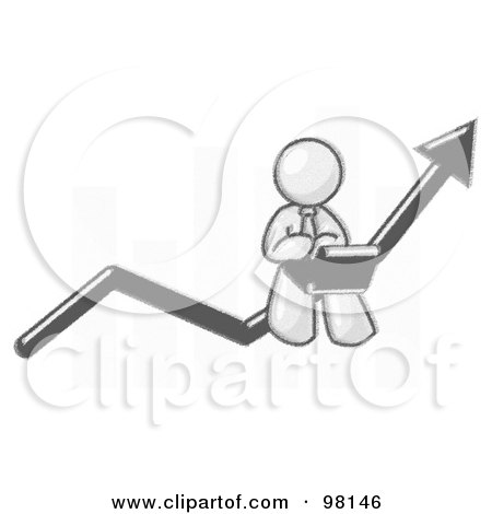 Royalty-Free (RF) Clipart Illustration of a Sketched Design Mascot Man Conducting Business On A Laptop Computer On An Arrow Moving Upwards In Front Of A Bar Graph by Leo Blanchette