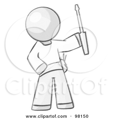 Royalty-Free (RF) Clipart Illustration of a Sketched Design Mascot Man Electrician Holding A Screwdriver by Leo Blanchette