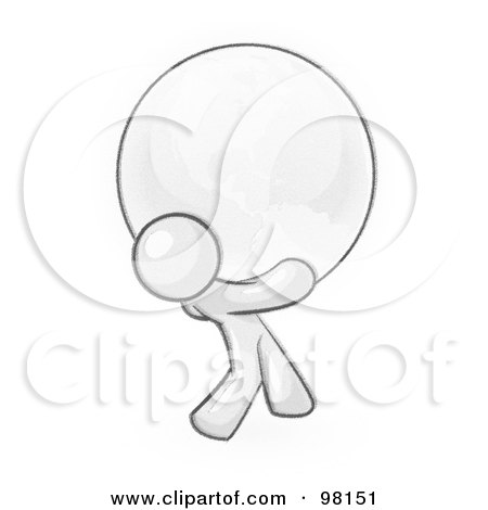 Royalty-Free (RF) Clipart Illustration of a Sketched Design Mascot Man Carrying The Planet Earth On His Shoulders by Leo Blanchette