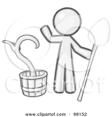 Royalty-Free (RF) Clipart Illustration of a Sketched Design Mascot Man Holding A Shovel By A Potted Plant by Leo Blanchette
