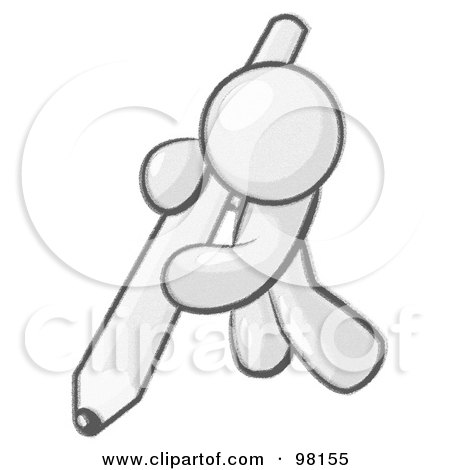 Royalty-Free (RF) Clipart Illustration of a Sketched Design Mascot Man Using All Of His Strength To Hold Up And Write With A Giant Pencil by Leo Blanchette
