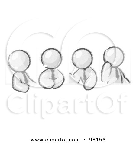 Royalty-Free (RF) Clipart Illustration of Sketched Design Mascot Men Wearing Headsets And Having A Discussion During A Phone Meeting by Leo Blanchette