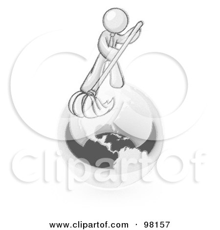 Royalty-Free (RF) Clipart Illustration of a Sketched Design Mascot Man Using A Wet Mop With Green Cleaning Products To Clean Up The Environment Of Planet Earth by Leo Blanchette