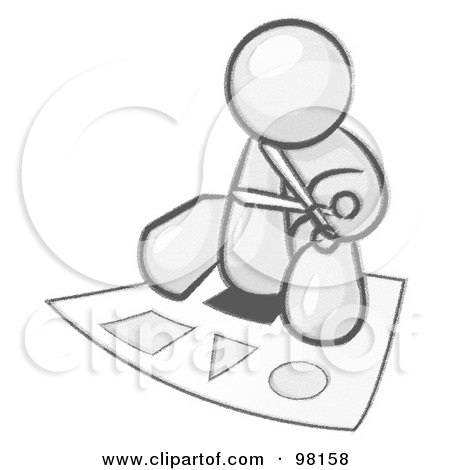 Royalty-Free (RF) Clipart Illustration of a Sketched Design Mascot Holding A Pair Of Scissors And Sitting On A Large Poster Board With Shapes by Leo Blanchette