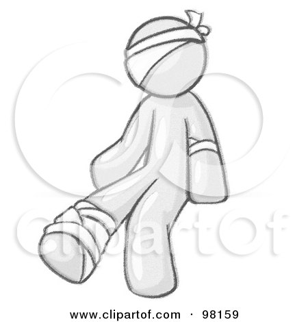 Royalty-Free (RF) Clipart Illustration of a Sketched Design Mascot Injured Man Sitting In The Emergency Room After Being Bandaged Up On The Head, Arm And Ankle Following An Accident by Leo Blanchette