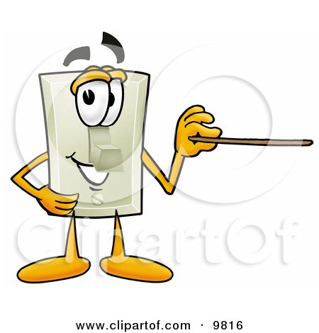 Clipart Picture of a Light Switch Mascot Cartoon Character Holding a Pointer Stick by Mascot Junction