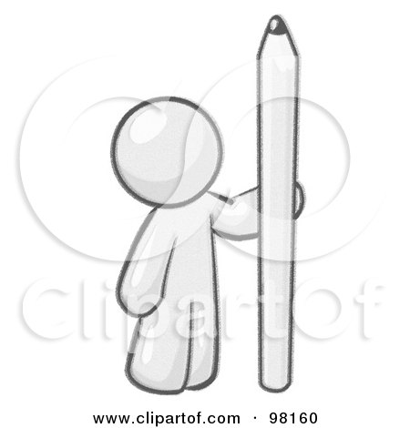 Royalty-Free (RF) Clipart Illustration of a Sketched Design Mascot Man Holding Up And Standing Beside A Large Pencil by Leo Blanchette