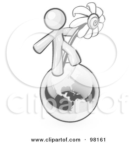Royalty-Free (RF) Clipart Illustration of a Sketched Design Mascot Man Standing On The Earth And Holding A Daisy by Leo Blanchette