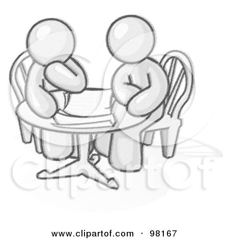 Royalty-Free (RF) Clipart Illustration of Sketched Design Mascot Business Men Sitting Side By Side At A Table During A Conference Or Meeting by Leo Blanchette