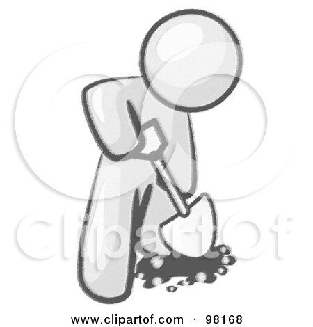 Royalty-Free (RF) Clipart Illustration of a Sketched Design Mascot Man Using A Shovel To Dig A Hole For A Plant In A Garden by Leo Blanchette