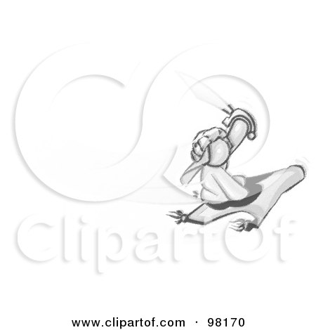 Royalty-Free (RF) Clipart Illustration of a Sketched Design Mascot Man Character Sitting On A Magic Carpet, Flying Through The Air And Holding Up A Sword by Leo Blanchette