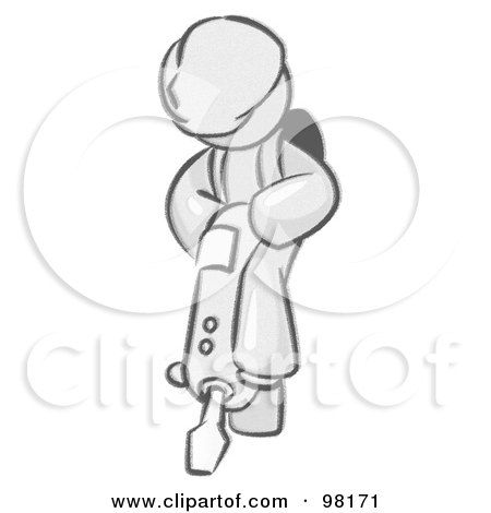 Royalty-Free (RF) Clipart Illustration of a Sketched Design Mascot Construction Worker Man Wearing A Hardhat And Operating A Jackhammer While Doing Road Work by Leo Blanchette