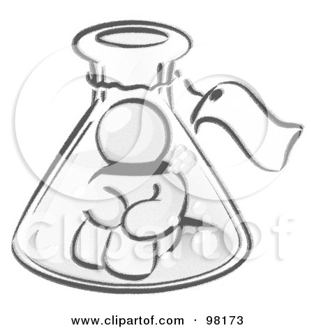 Royalty-Free (RF) Clipart Illustration of a Sketched Design Mascot Man Trapped Inside A Bubbly Potion In A Laboratory Beaker With A Tag Around The Bottle by Leo Blanchette