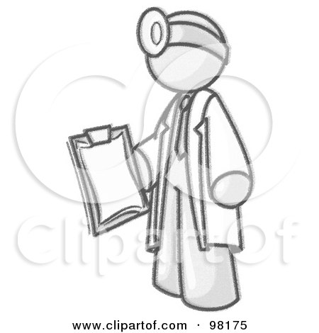 Royalty-Free (RF) Clipart Illustration of a Sketched Design Mascot Male Doctor In A Jacket, Holding A Clipboard And Wearing A Head Lamp During A Medical Exam by Leo Blanchette