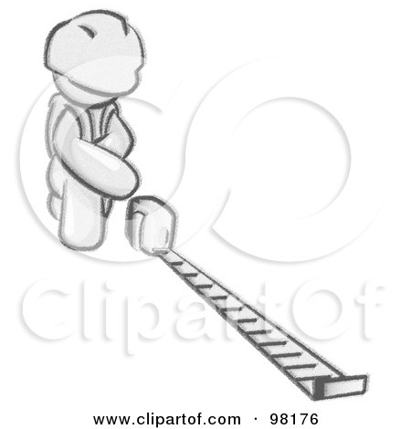 Royalty-Free (RF) Clipart Illustration of a Sketched Design Mascot Man Contractor Wearing A Hardhat, Kneeling And Measuring by Leo Blanchette