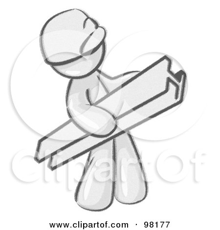 Royalty-Free (RF) Clipart Illustration of a Sketched Design Mascot Man Construction Worker Wearing A Hardhat And Carrying A Beam At A Work Site by Leo Blanchette