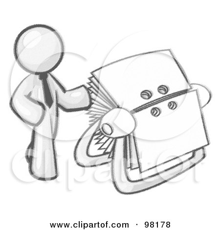 Royalty-Free (RF) Clipart Illustration of a Sketched Design Mascot Businessman Standing Beside A Rotary Card File With Blank Index Cards by Leo Blanchette