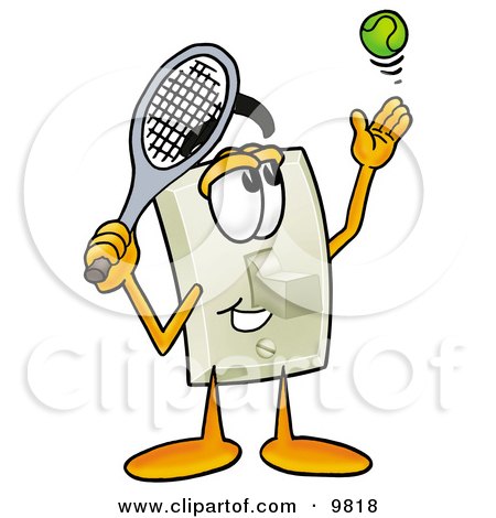 Clipart Picture of a Light Switch Mascot Cartoon Character Preparing to Hit a Tennis Ball by Mascot Junction