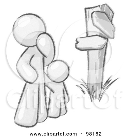 Royalty-Free (RF) Clipart Illustration of a Sketched Design Mascot Man And Child Standing At A Wooden Post by Leo Blanchette