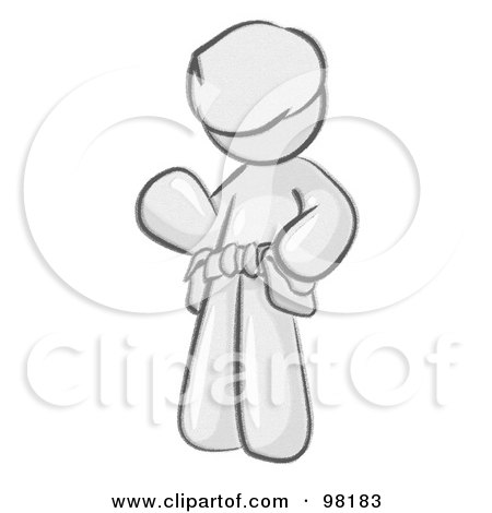 Royalty-Free (RF) Clipart Illustration of a Sketched Design Mascot Construction Worker Or Handyman Wearing A Hardhat And Tool Belt And Waving by Leo Blanchette