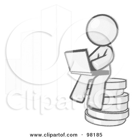 Royalty-Free (RF) Clipart Illustration of a Sketched Design Mascot Man Sitting On Coins And Using A Laptop By A Bar Graph by Leo Blanchette