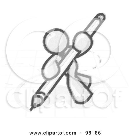 Royalty-Free (RF) Clipart Illustration of a Sketched Design Mascot Man Holding A Large Pen And Drawing A Circle by Leo Blanchette