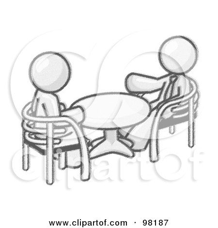 Royalty-Free (RF) Clipart Illustration of Sketched Design Mascot Businessmen Seated Across From Eachother At A Table During A Conference Or Meeting by Leo Blanchette