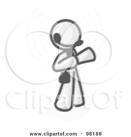 Royalty-Free (RF) Clipart Illustration of a Sketched Design Mascot Customer Service Employee Taking A Call With A Headset In A Call Center by Leo Blanchette
