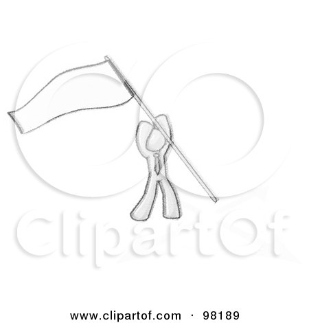 Royalty-Free (RF) Clipart Illustration of a Sketched Design Mascot Man Claiming Territory By Sticking A Flag In The Ground by Leo Blanchette