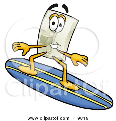 Clipart Picture of a Light Switch Mascot Cartoon Character Surfing on a Blue and Yellow Surfboard by Mascot Junction