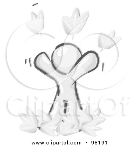 Royalty-Free (RF) Clipart Illustration of a Sketched Design Mascot Man Tossing Up Autumn Leaves In The Air, Symbolizing Happiness And Freedom by Leo Blanchette