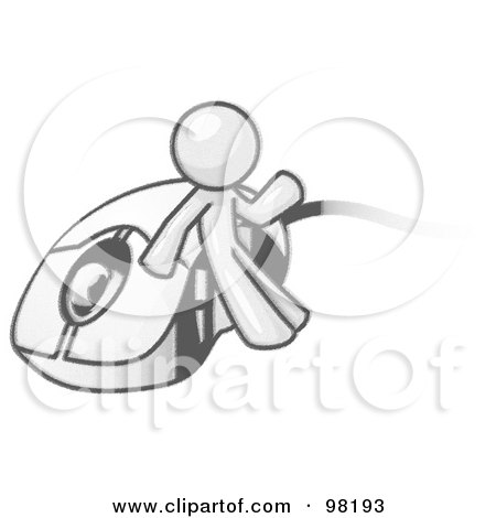 Royalty-Free (RF) Clipart Illustration of a Sketched Design Mascot Man Character Leaning Against A Corded Computer Mouse by Leo Blanchette