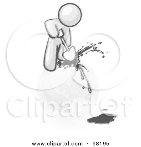 Royalty-Free (RF) Clipart Illustration of a Sketched Design Mascot Man Using A Shovel To Drill Oil Out Of Planet Earth by Leo Blanchette
