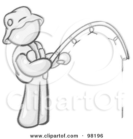 Royalty-Free (RF) Clipart Illustration of a Sketched Design Mascot Man Wearing A Hat And Vest And Holding A Fishing Pole by Leo Blanchette