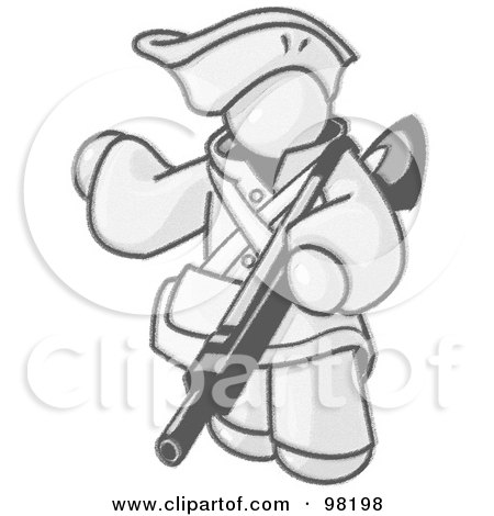 Royalty-Free (RF) Clipart Illustration of a Sketched Design Mascot Man In Hunting Gear, Carrying A Rifle by Leo Blanchette